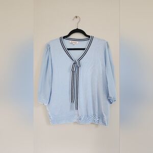 Nanette Lepore Light Blue Sheer Sleeve Sweater with Striped Tie Detail Sz XL